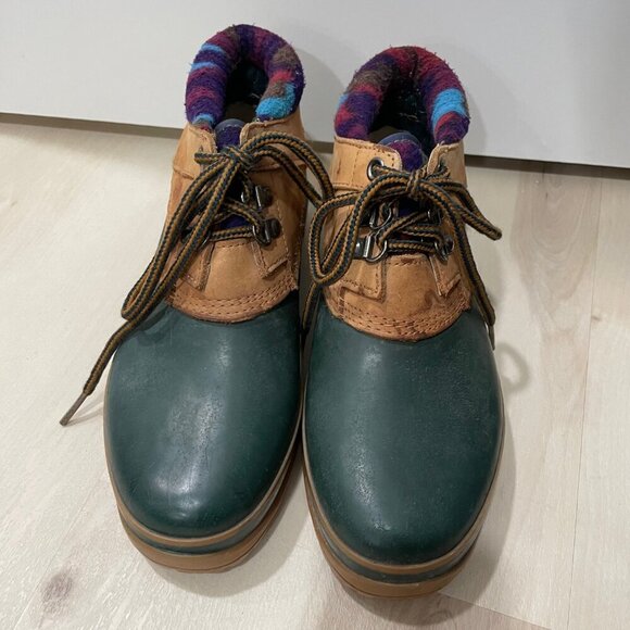 Nine West Duck Boot Vintage 90s Brown Green Lace Up Rubber Padded Collar Size 9 - Picture 10 of 12